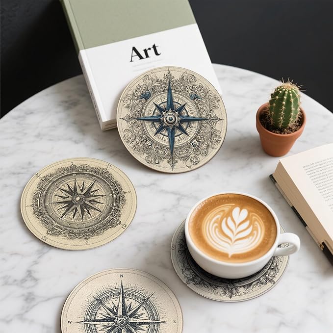 Compass Coasters Leather Round Drink Coasters 6 Pcs Set with Holderor for Cup Drink Coffee Table Bar Home Decor