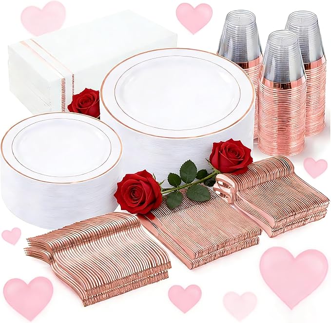 GATHER 350PCS Rose Gold Plastic Plates - Disposable Rose Gold Dinnerware Sets Includes 100 Gold Rimmed Plastic Plates, 150 Silverware, 50 Napkins, 50 Cups for Party, Wedding, Valentine's Day