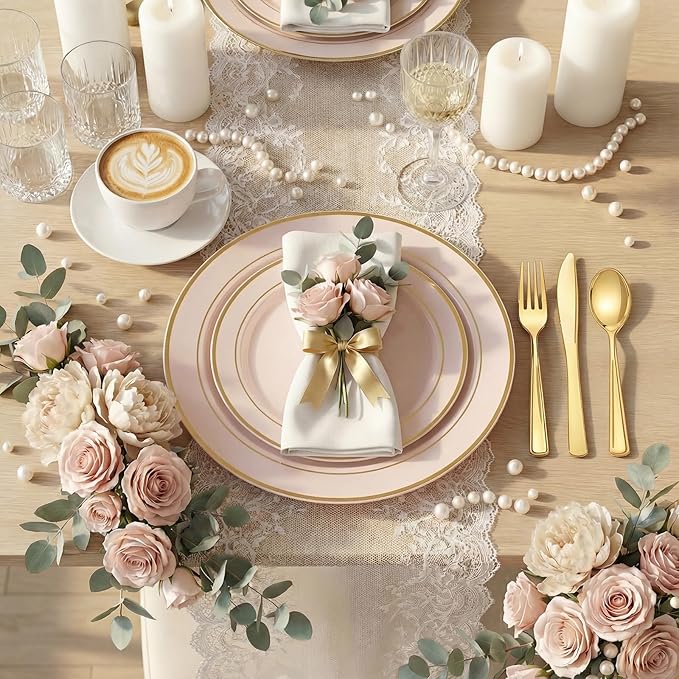 175PCS Pink plastic Plates - Pink Disposable Plates 25Guests Disposable Dinnerware Sets with Rolled Napkins for Wedding/Birthday/Easter/Baby Shower