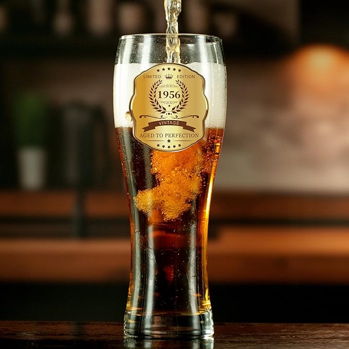70th Birthday Beer Glasses Gifts, Personalized '1956' Vintage Glass Ware Set for Men, Black Gift Package with Drinking Glass, Coaster, and Card for 70 Years Old Man