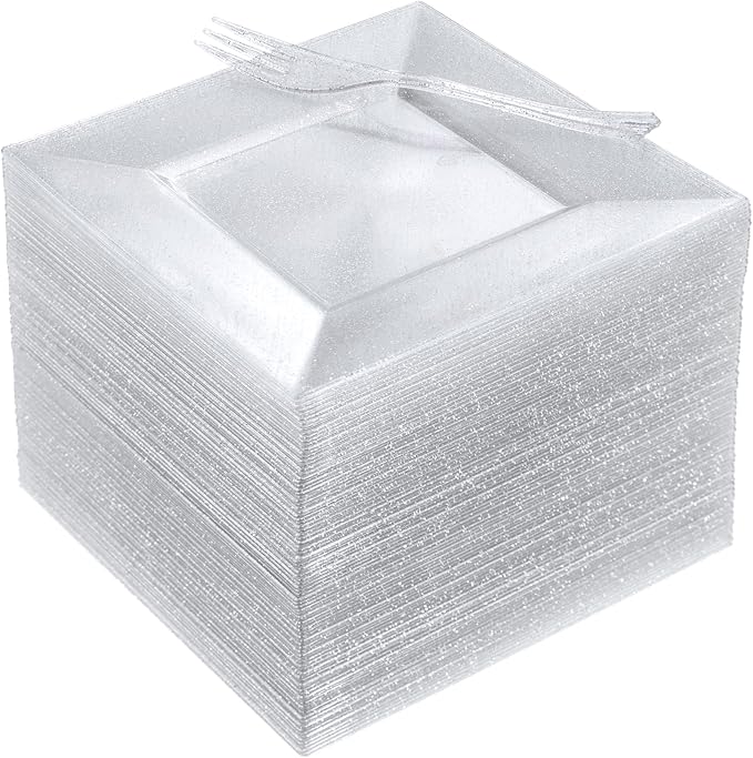 DaYammi 200Pcs Dessert Plates Set Including:100Pcs Cake Plates 6" with 100Pcs Silver Forks 5.7"- Silver Glitter Disposable Square Plate,Appetizer Plates and Forks Combo Bulk Set for Party Wedding