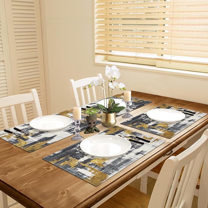Emvency Farmhouse Placemats Set of 4, Abstract White Black Gold Vintage Art Painting 12x18 Inch Table Mats for Outdoor Home Party Kitchen Dining Decoration