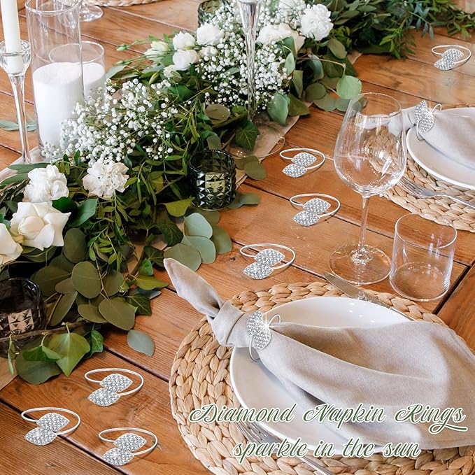 Hotop 48 Pcs Silver Holiday Napkin Rings Set Silver Bling Winter Napkin Rings Bulk Metal Leaves Holders Rhinestone Buckle for Wedding Christmas Dinner Gather Party Prom Table Decoration