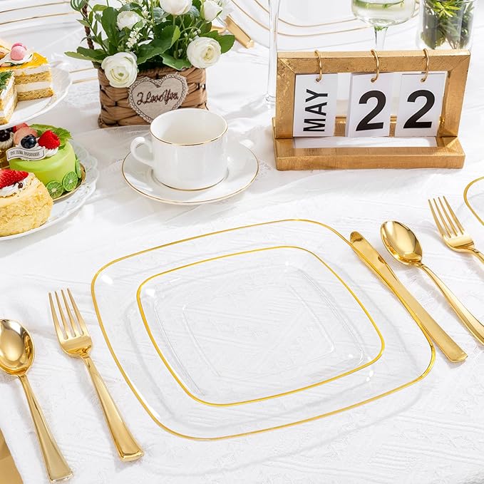 bUCLA 50PCS Clear Plastic Plates with Gold Trim - Heavy Duty Clear Gold Square Plates Disposable - Include 25 Each (Dinner & Dessert) for Party & Wedding