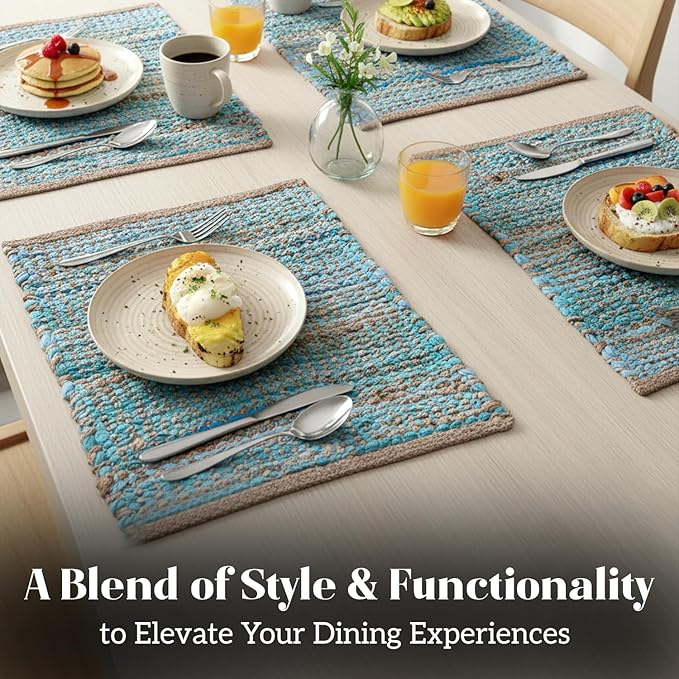 Perilla Home Natural Chindi Jute Placemats Set of 4 Vintage Boho 13x19 Inch Table Mats for Kitchen Dining Home Decor Rectangle Turquoise Stripe Rustic Placemat