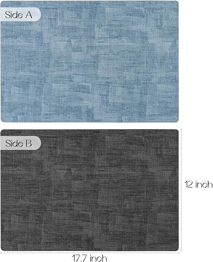 Romanstile Reversible Vinyl Placemats Set of 4, Faux Leather 100% Waterproof Oil-Proof Wipeable Place Mats, Heat Resistant Dual Sided Table Mats for Kitchen/Dining/Party (Grey Sky Blue, 12 x 17 Inch)