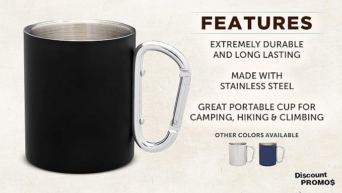 DISCOUNT PROMOS Stainless Steel Mugs with Carabiner Handle 10 oz. Set of 10, Bulk Pack - Perfect for Coffee, Soda, Other Hot & Cold Beverages - Black