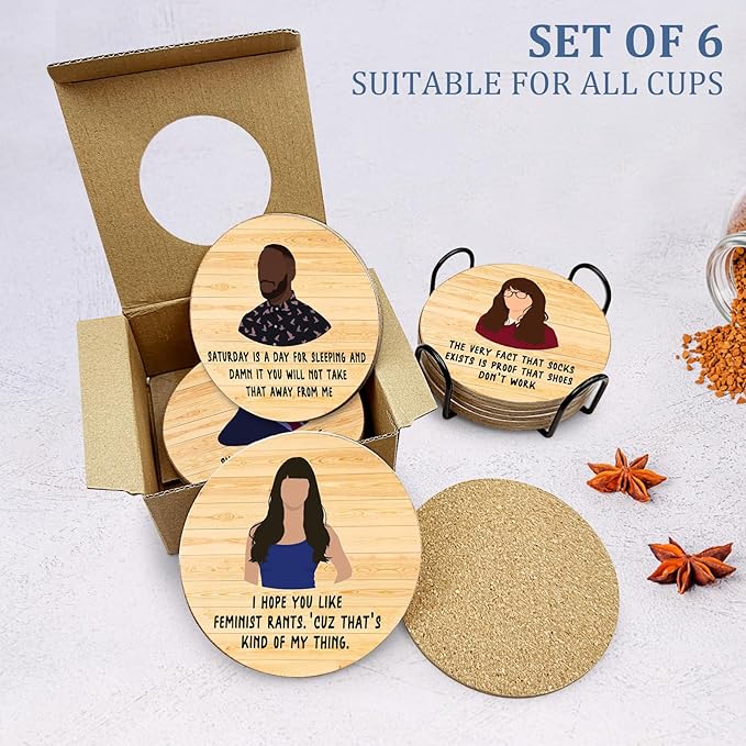 New Girl Cork Coasters Set of 6, Funny Novelty Coasters for Drinks Absorbent with Holder Cup Desk Office Table Kitchen Decor accessories House Warming Gifts for New Home Couples,Round 4 Inch