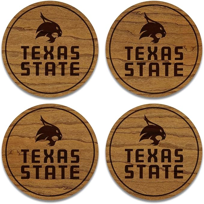 LazerEdge Texas State Bobcats Wooden Coaster Set - Cherry Wood - Officially Licensed Product - 4-Pack