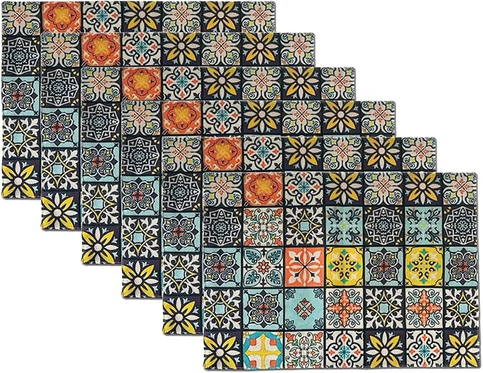 Mandala Bohemian Placemats Set of 6 Two-Sided Washable Table Placemat Boho Mat Fabric Cloth Vintage Flower for Farmhouse Kitchen Outdoor Dining Decor 12x18 Inch (Bohemian A)