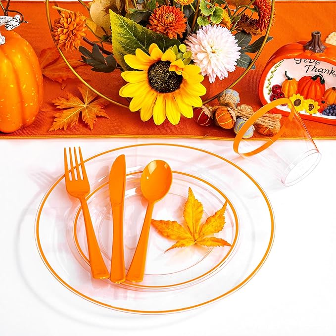 SUT 350Pcs Orange and Clear Plastic Dinnerware Set for 50 Guests, Include: 50 Dinner Plate, 50 Dessert Plates, 50 Pre Rolled Napkins With Silverware, 50 Cups, Disposable Plates for Party