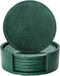 LAMOTI Leather Coasters for Drinks, 4" Drink Coasters Set of 6 with Holder for Tabletop Protection, Handmade Luxurious Home Décor and Housewarming Gift (Green)