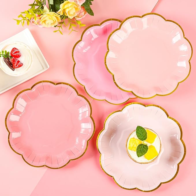 Pink Party Plates Gradient Pink Dessert Paper Plates 7inch Gold Foil Scalloped Edge Disposable Cake Plates for Valentines Day Birthday Bridal Baby Shower Wedding Party Supplies (48)