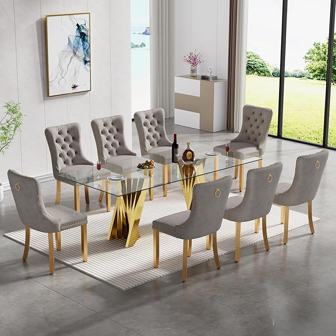 SSLine 9 Piece Glass Dining Table Set,70" Dinner Room Glass Table Set for 8,Modern Kitchen Dinner Table Set with Stainless Steel Base and 8 Upholstered Velvet Dining Chairs for Living Dining Room