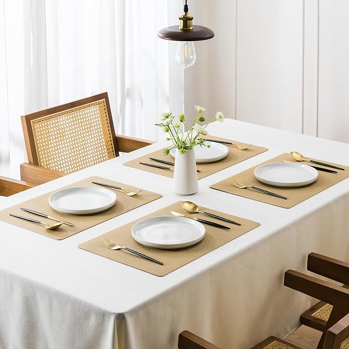Jovono Faux Leather Placemats Set of 6, Waterproof Washable Table Mats, Easy-Clean Heat Resistant Kitchen Vinyl Place Mat for Dining Table, Restaurant, Indoor, 17.8"x11.8", Yellow