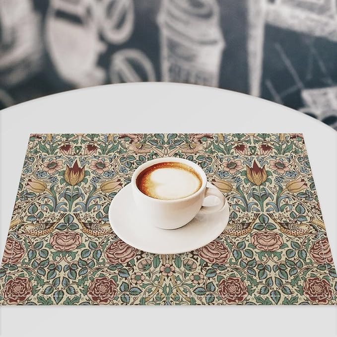 William Morris Placemat Set, Beige Blue Pink Vintage Rustic Art Exotic Ethnic Floral Bird Seamless Pattern Home Decor Linen Table Mats for Dining Room Kitchen Party (17x12in) x6P