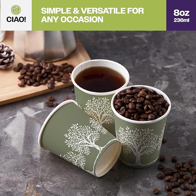 CIAO! 8oz Paper Hot Cup, Rooted Olive Print, (Case of 1,000)