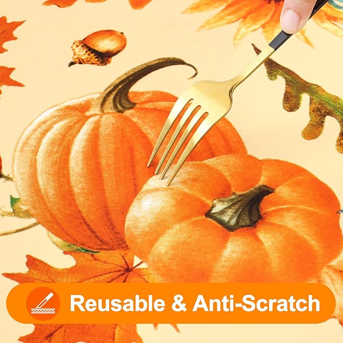 Smiry Plastic Thanksgiving Tablecloth, Sunflower & Pumpkin Wipeable Flannel Backed Vinyl Tablecloths for 6 Foot Tables, Waterproof Elastic Fitted Table Covers for Autumn Harvest (Gold, 30x72 Inches)