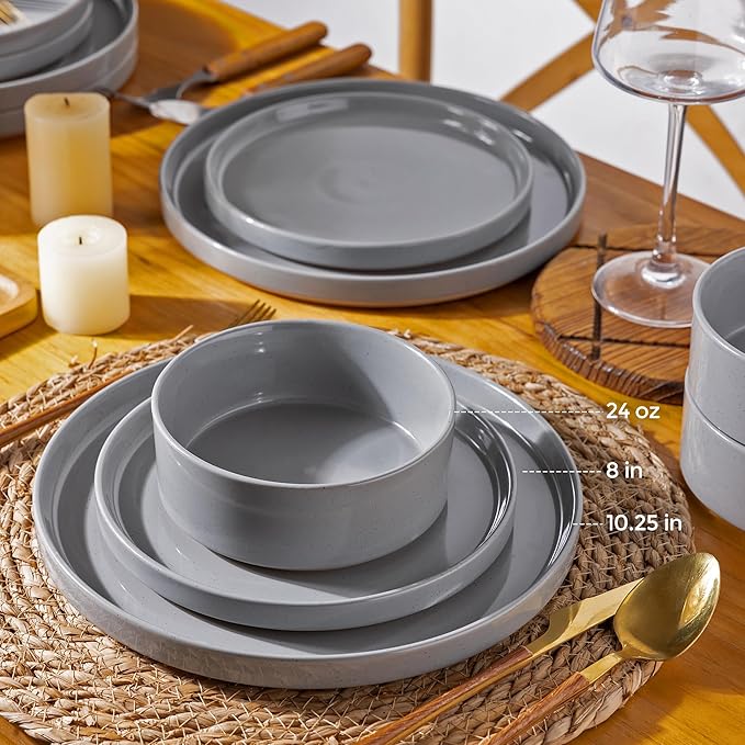 AmorArc Ceramic Dinnerware Set for 8 | Speckled Stoneware Plates and Bowls with Rustic Terracotta Underside| Scratch Resistant,Dishwasher & Microwave Safe Dishes Sets- 24pcs Gray