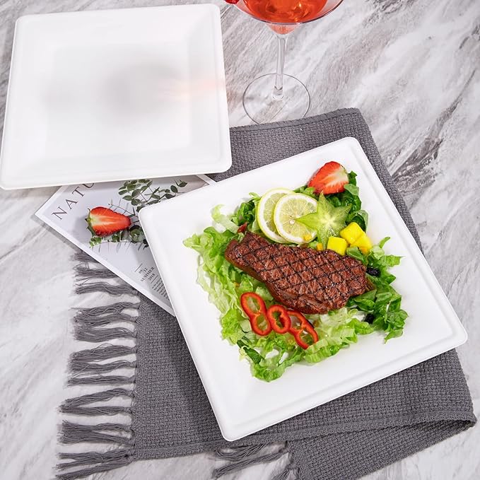 SUT 10-Inch Compostable Paper Plates, 100 PCS Square Biodegradable Bagasse Plates, Heavy-Duty Microwaveable Plates, Eco-Friendly Natural Disposable Plates, Made of Sugarcane Fibers, for Party, Picnic