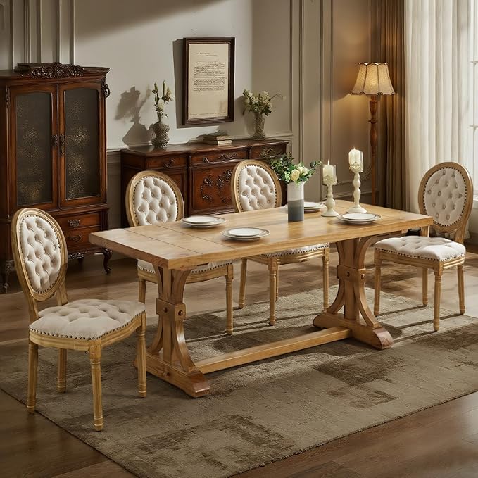 SoarFlash French Dining Chairs Set of 2, Vantage Dining Chair with Round Back, Wood Leg Farmhouse Country Velvet Dining Chair for Kitchen,Bedroom,Beige