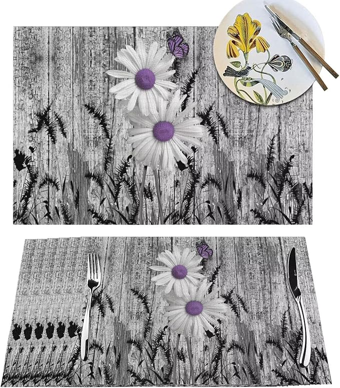 Placemats Set of 6 Rustic Floral Place Mats Farmhouse Daisy Woven Table Mats Washable Purple White Flower PVC Placemat for Dining Kitchen Decor Indoor Outdoor, 12 x 18 Inch