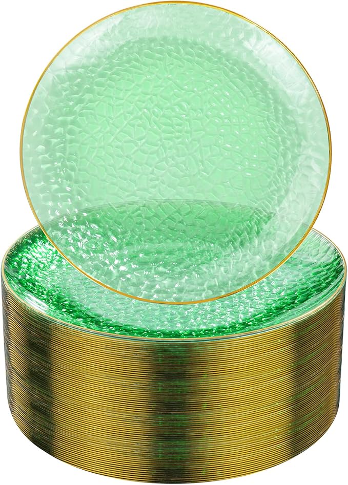 DaYammi 100PCS Green and Gold Plastic Plates - 10 inch Clear Green Gold Dinner Plates - Hammer Pattern Design - Fancy Disposable Platos - Heavy-Duty Party Platos Ideal for Wedding