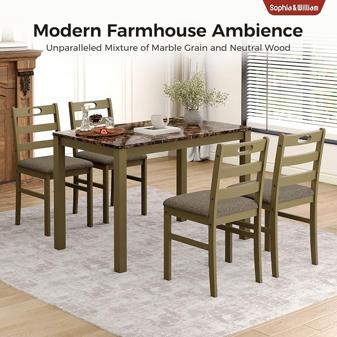 Sophia & William 5 Piece Dining Table Set for 4, Faux Marble Kitchen Table and Chairs Set, Solid Wood Farmhouse Dinner Table Set,Emperador Dark Marble & Olive