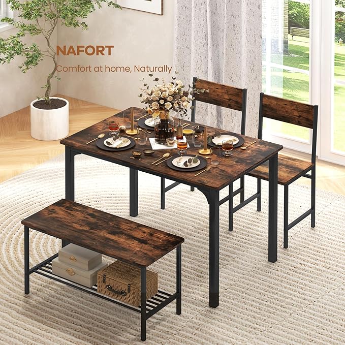 NAFORT Dining Table Set for 4 with Bench, Industrial Kitchen Table and Chairs, Rustic Brown Wood & Black Metal 4-Piece Dining Set for Apartment, Small Space, Kitchen & Dining Room