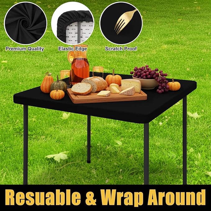 Smiry Square Picnic Table Cloth, Waterproof Elastic Fitted Tablecloths for 3 Foot Tables, Washable Polyester Table Cover for Camping, Indoor and Outdoor (Black, 34"x34")