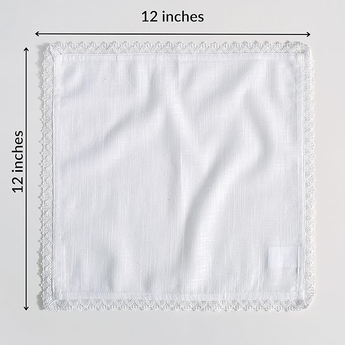FINGERCRAFT Dinner Cloth Napkins in 100% Cotton, 12 Pieces Small Table Napkin Cloth,12 inches, Mitered Corners for Every Day Use Christmas Napkins Cloth Good Absorbency Lace White