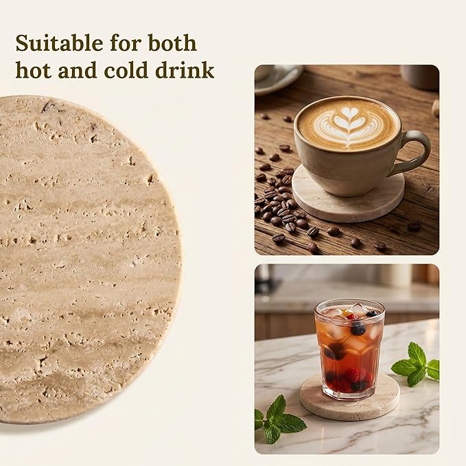 Travertine Stone Coasters Set of 4 ，4 inch Round Coasters Make a Great Housewarming, Providing Sturdy and Durable Desktop Protection for a Variety of Cups