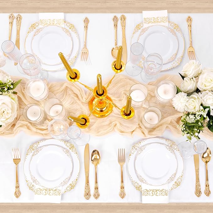 Ciaell 300PCS White and Gold Plastic Plates - Gold Disposable Dinnerware Sets for 50 Guests - 100 Plates, 50 Knives, 50 Forks, 50 Spoons, and 50 Napkins for Wedding, Anniversary, Party