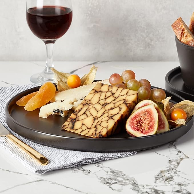 Stone Lain Celina Stoneware 16 Piece Dinnerware Set, Plates and Bowls, Black Matte Dish, Service for 4 – Minimalist Round Style, Microwave & Dishwasher Safe