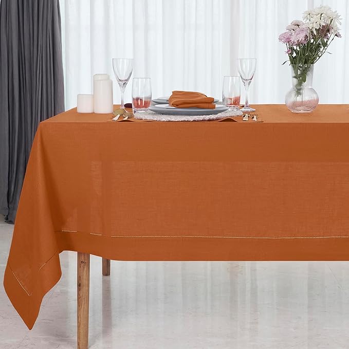 D'Moksha Homes Rust Linen Tablecloth for Rectangle Tables 60 x 132 Inch - 100% Pure Linen Rust Table Cloth - Classic Hemstitch, Machine Washable Dining Tablecloth for Spring, Easter