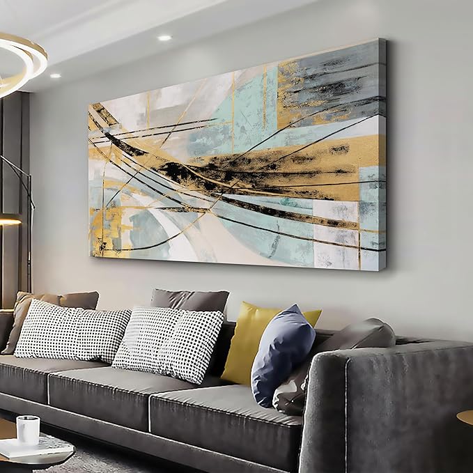 Abstract Wall Art Framed Wall Decor Modern Canvas Abstract Wall Art Black-Gold and Blue Grey Abstract Artwork for Living Room Bedroom Dining Room Home Office Decor 29"x58"