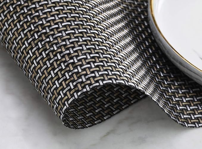 New Star Foodservice 28195 Crossweave Woven Vinyl Placemats, Set of 4, Electrum Silver
