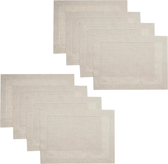 D'Moksha Homes Linen Placemats Set of 8 - Classic Hemstitch Natural Placemats 14 x 19 Inch - 100% Pure Linen Table Mats for Valentines, Spring, Easter - Handcrafted and Machine Washable