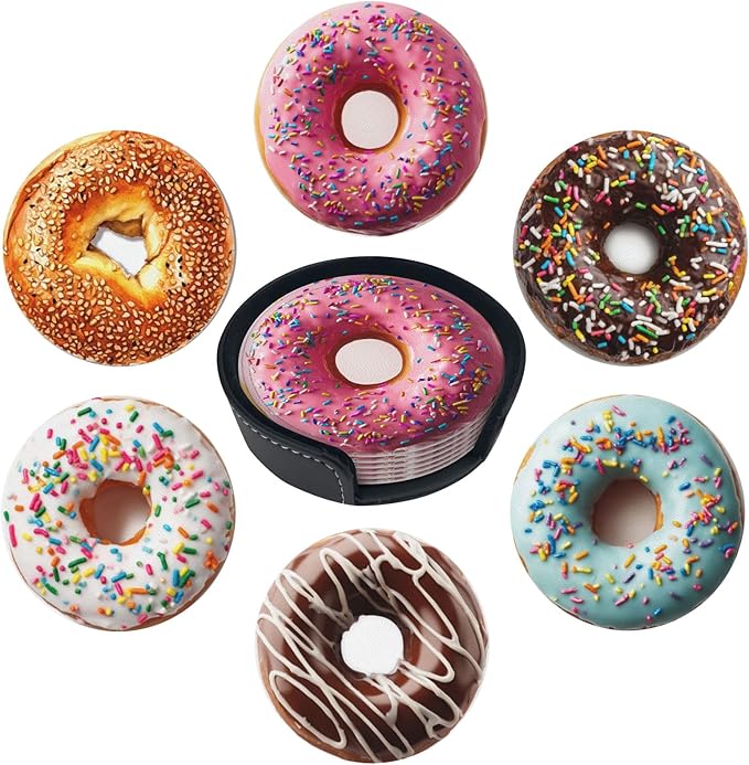 Donuts Coasters for Drinks with Holder Round Leather Coasters Set of 6 Cups Mugs Mat Pad for Home Kitchen Bar