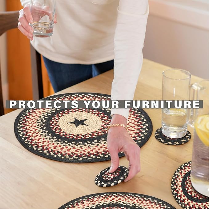 Homespice Primitive Star Gloucester Round Braided Placemats, Warm Primitive Decor, Set of 2, 15" Black and Red Jute Table Mats - Vibrant Colors, Durable, Easy to Clean and Protects Furniture