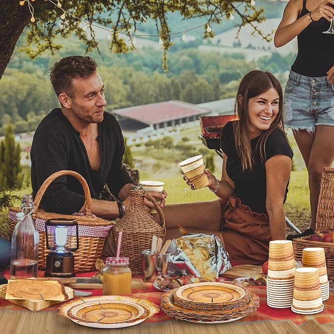 Kochorie 96 Pieces Camping Wood Grain Slice Tableware Set Rustic Wood Party Supplies Including Paper Plates Cups Napkins Serves 24 Guests for Hunting Baby Shower Lumberjack Birthday Party
