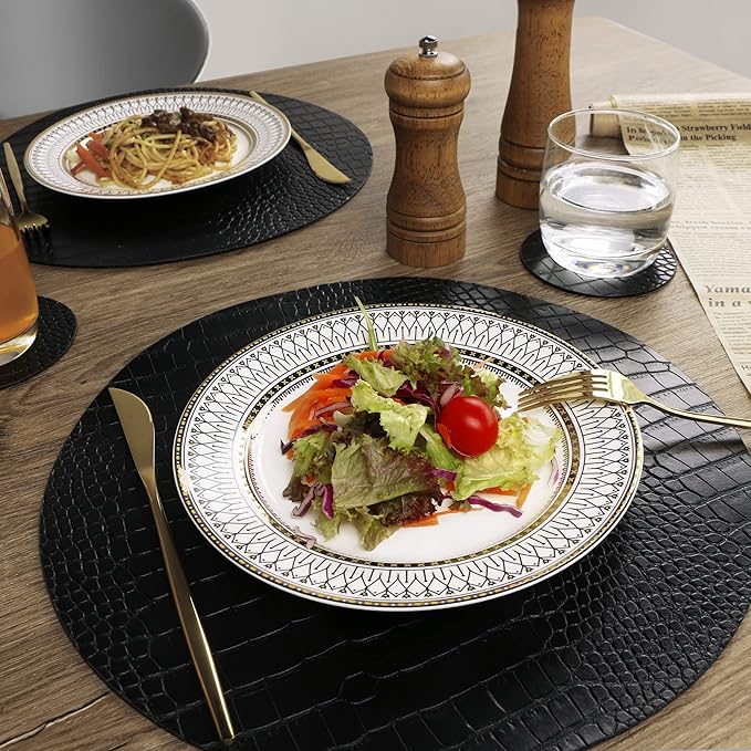 Round Leather Placemats for Round Tables Set of 6, Black Table Place Mats and Coasters, Washable Easy to Care for Indoor Decor 13" Diameter