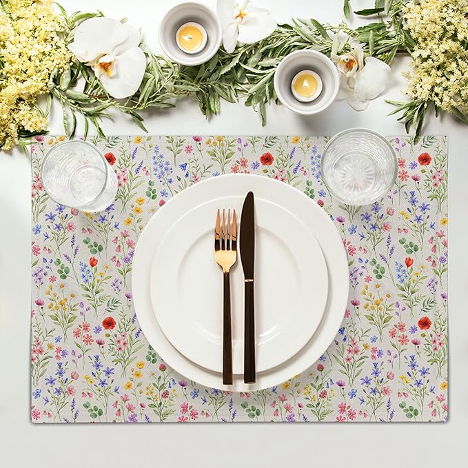 Spring Summer Placemats - Floral Place Mats Set of 4 Eucalyptus Leaves Lavender Poppy Flower Table Mats 12x18 for Party Kitchen Farmhouse