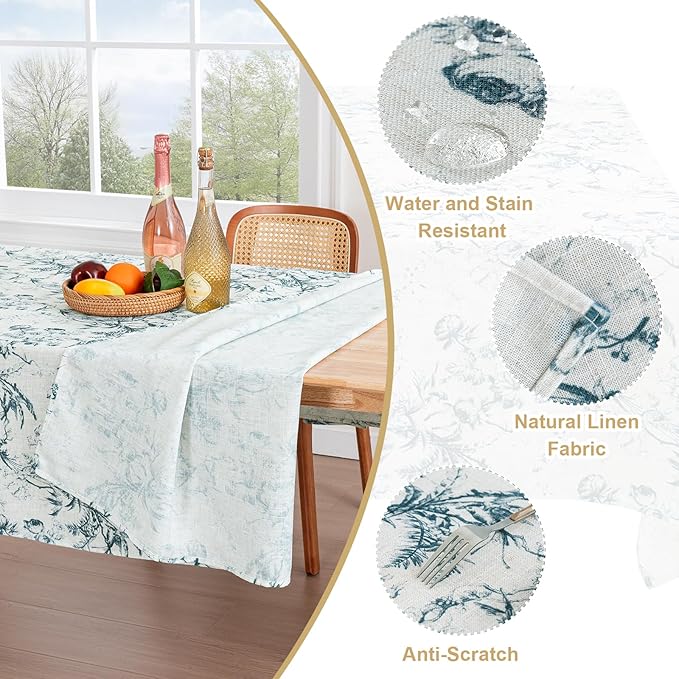 H.VERSAILTEX Linen Table Cloths Floral Printed Tablecloth Spill-Proof Waterproof Table Cover for Dining Buffet Feature Soft and Thick Fabric Wrinkle Free, 60 x 120 Inch, Vintage Botanical - Blue