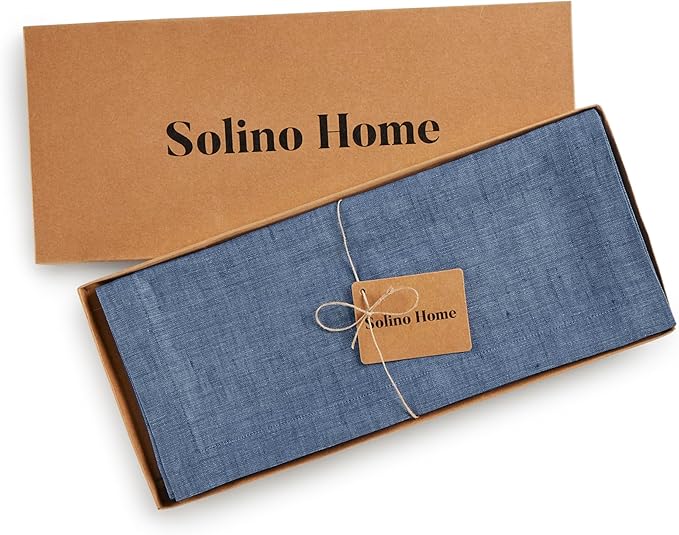 Solino Home Linen Table Runner 60 Inches - 100% Pure Linen Blue Denim Table Runner 14 x 60 Inch Ideal for Dresser and Coffee Tables - Athena, Winter, Spring, Easter