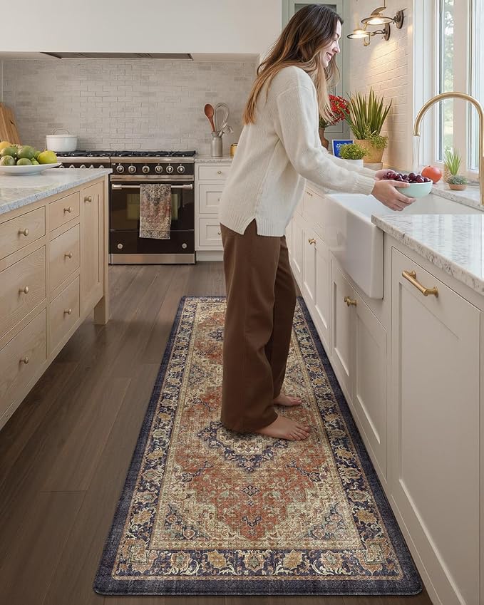 Color&Geometry Anti Fatigue Kitchen Mats for Floor 24x59, Vintage Decor, Easy Clean, Waterproof & Oil Proof, 0.4" Thick Cushioned, Non-Slip Kitchen Runner Rug for Sink, Laundry, Office, Warm Coral