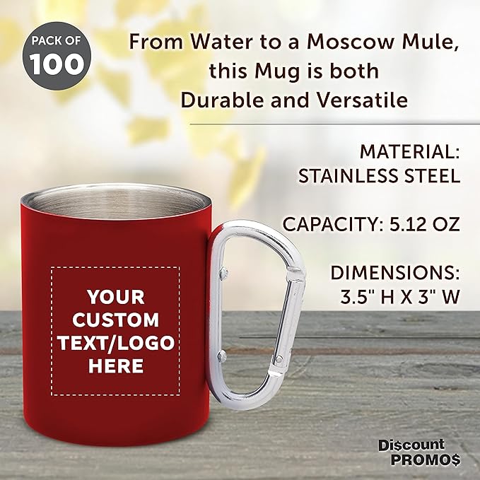 Custom Stainless Steel Mugs with Carabiner Handle 10 oz. Set of 100, Personalized Bulk Pack - Perfect for Coffee, Soda, Other Hot & Cold Beverages - Red