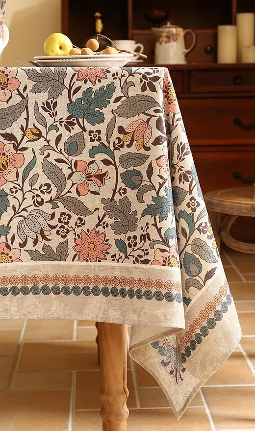 ISAENNE Designer Boho Floral Long Rectangle Tablecloth,Linen Lotus Flower Pattern Colorful Indoor Table Cloth,Durable Decor Tablecloths for Dining Thanksgiving Kitchen Christmas,63"*94"-Hazel A