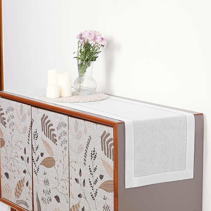 D'Moksha Homes Linen White Table Runner 144 Inches Long - 100% Pure Linen Extra Long Table Runner 14 x 144 Inch for Valentines, Spring, Easter - Classic Hemstitch
