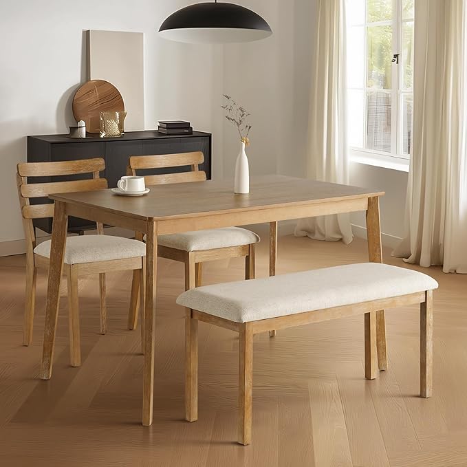 4-Piece Farmhouse Dining Set, Wooden Table with 2 Chairs, Bench Seat, Mid-Century Modern Wooden Table & Upholstered Chair Set for Home, Kitchen, Dining Room, Solidwood Legs